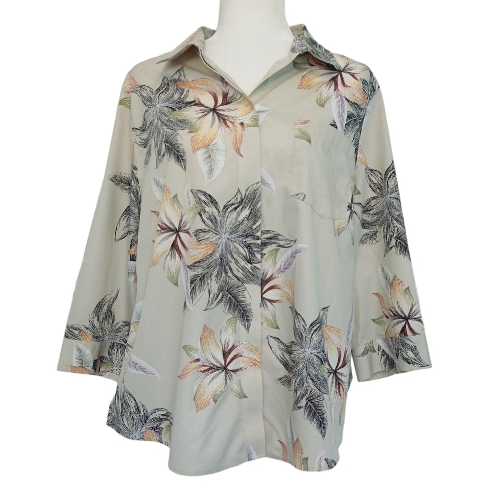Chico's 100% Cotton No Iron Tan Floral 3/4 Sleeve Button-Up Shirt Modern